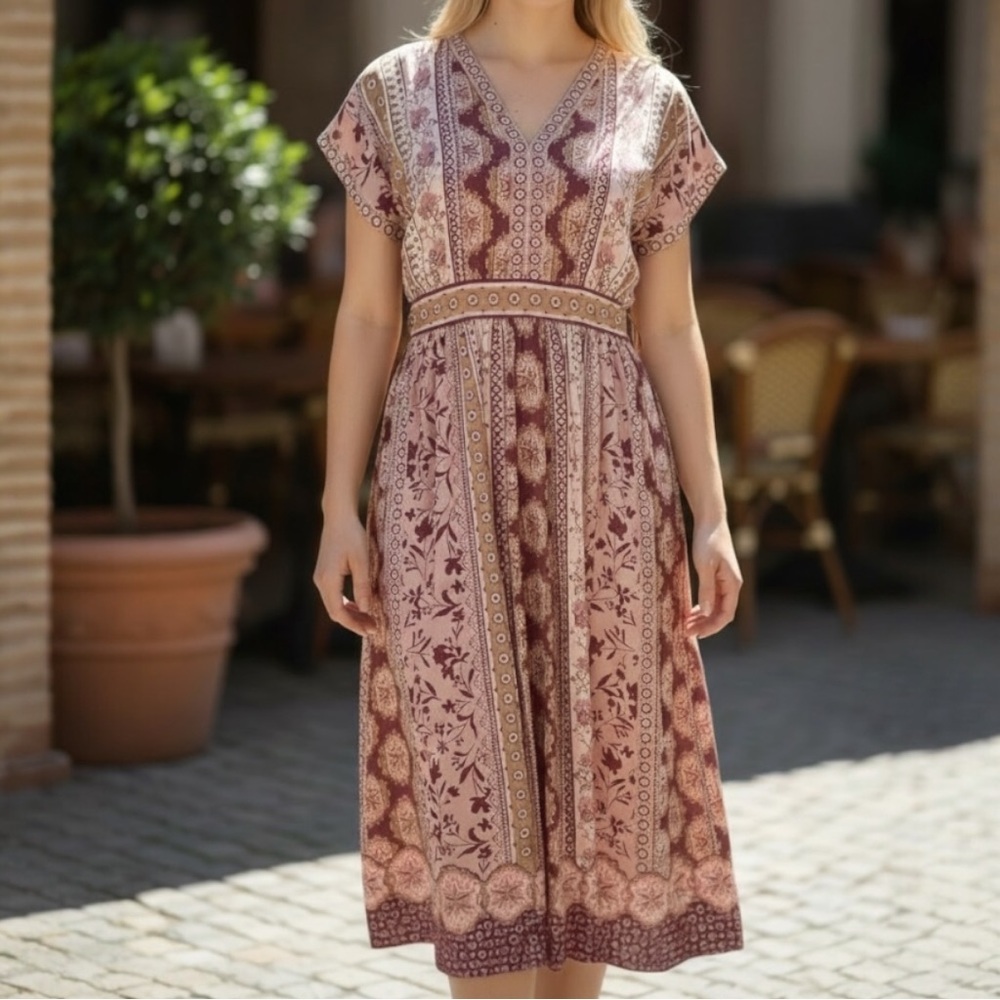 Gal Meets Glam Liza Print Charmeuse  Midi Dress Wine & Taupe SZ M